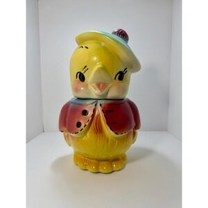Vintage American bisque chick in a beret cookie jar